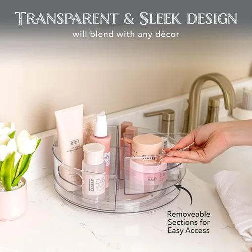 Vista 5 de Oizeir Lazy Susan Plataforma Giratoria - Acrílico transparente, secciones extraíbles, gira 360 grados. Organiza fácilmente tu refrigerador, gabinete