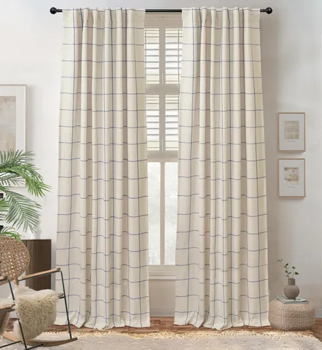 Vista 55 de DriftAway 2 paneles cortinas de lino a cuadros 100% opacas de doble capa cortinas para dormitorio de 96 pulgadas de largo estilo granja con Gris