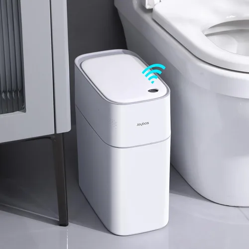 Vista 7 de JOYBOS Botes de basura pequeños para baño con tapas, cubo de basura automático de plástico blanco delgado de 3.8 galones, bote de basura estrecho