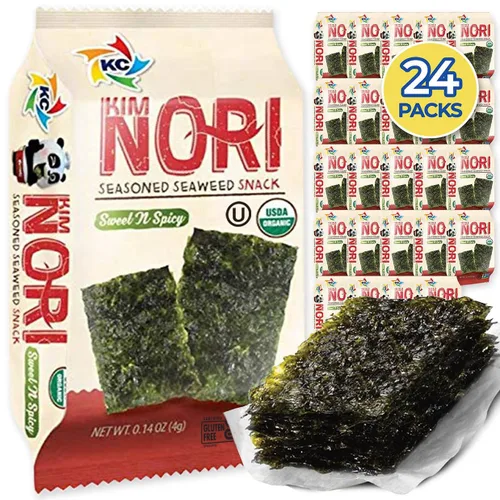 Vista 8 de KIMNORI Hojas de bocadillos de algas marinas sazonadas – Sabor dulce y picante con sal marina orgánica 24 paquetes individuales tostados crujientes