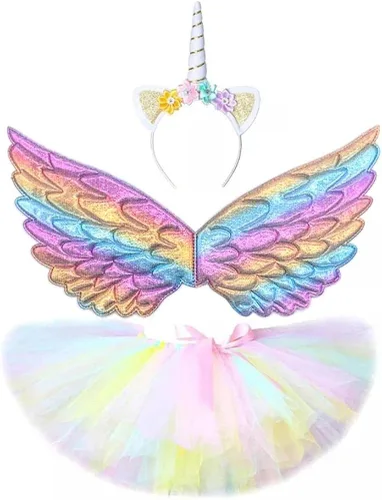 Vista 7 de Enfudid Disfraz de unicornio de princesa para niñas pequeñas, los disfraces de unicornio incluyen falda de malla, diadema de unicornio y ala de ángel