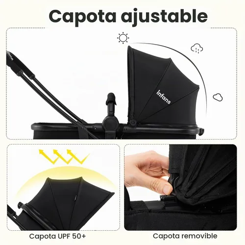 Vista 5 de INFANS Cochecito de bebé 2 en 1, cochecito convertible con moisés, asiento reversible, respaldo ajustable, plegable con una mano, cochecito compacto