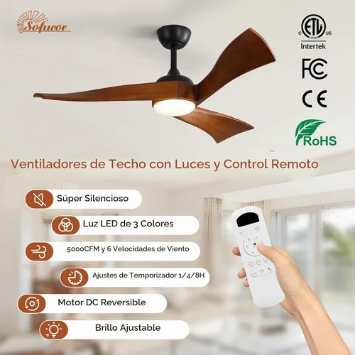 Vista 5 de Sofucor Ventilador de techo de 52 pulgadas con luz y control remoto, 3 aspas de madera maciza, motor de CC silencioso, 6 velocidades 5000 CFM, LED
