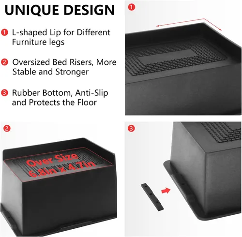 Vista 5 de Paquete de 4 elevadores de cama de 3 pulgadas, elevadores de muebles extra grandes de alta resistencia, elevadores de cama extra anchos para sofá