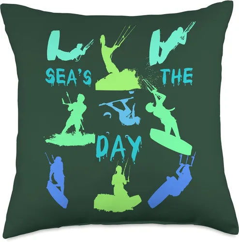Vista 4 de Kitesurf Gifts and Surf Lover Tees by taiche Kitesurfer Silhouette Pattern with Seas The Day Quote 8 Throw Pillow, 16x16, Multicolor