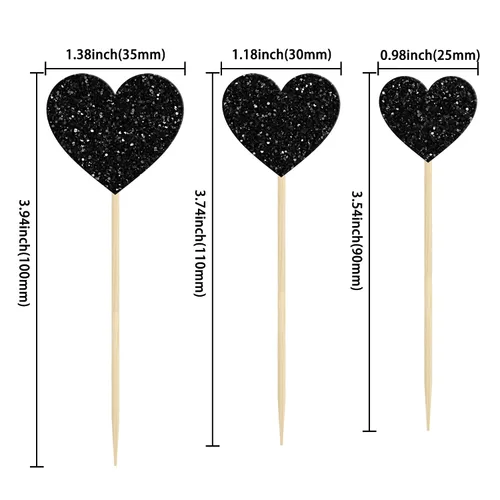 Vista 2 de Gyufise 30 adornos de corazón para cupcakes con purpurina de tamaño mixto con temática de dulce amor, decoración de pastel de corazón, boda Negro