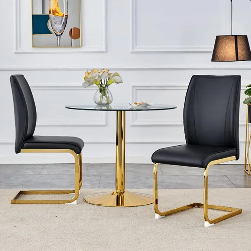 Vista 7 de Juego de 2 sillas de comedor modernas, sillas de cocina tapizadas de cuero, sillas de comedor sin brazos con respaldo alto y patas de metal dorado