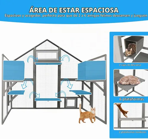 Vista 3 de Gowoodhut Recinto Exterior para Gatos Catio de 69.9"L para Múltiples Gatos, Refugio de Madera Walk In para Gatos con 2 Cajas de Descanso, 6