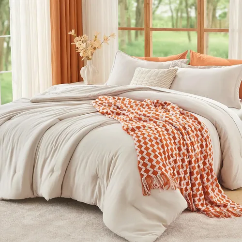 Vista 30 de MUXHOMO Juego de edredón beige tamaño individual/individual XL, ropa de cama alternativa ultrasuave para todas las estaciones. El juego de cama