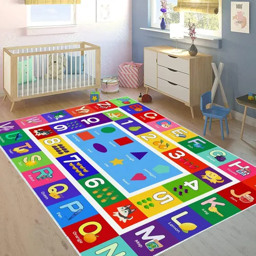 Vista 11 de ABC - Alfombra de juego para niños, con forma del alfabeto, con números del alfabeto, alfombra de área educativa de aprendizaje de frutas, grande