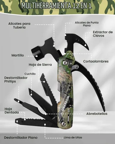 Vista 2 de WORKPRO Multiherramienta-Herramientas de camping 12 en 1 con mini martillo-Equipo EDC herramientas múltiples martillo con bloqueo de seguridad