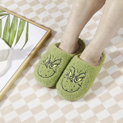 Vista 5 de TENDAWYP Pantuflas de Navidad para hombre y mujer, color verde, con dibujos animados, con sombrero de Papá Noel, suaves y acogedoras, pantuflas