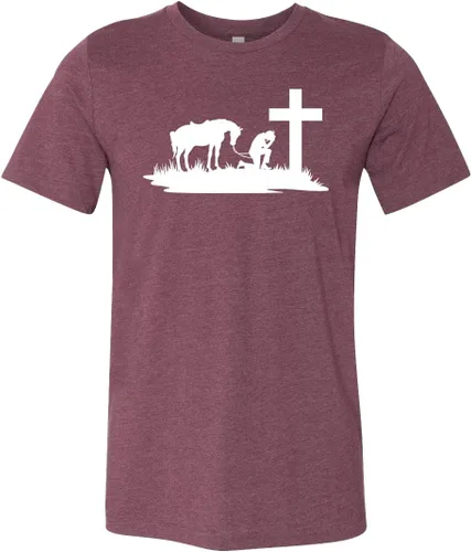 Vista 2 de Cowboy with Horse Kneeling Praying at Memorial Cross Shirt, Cowboy Shirt, Horse Shirt, Horse Lover, Cowboy Tee, Wild West Shirts