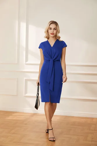 Vista 2 de GRACE KARIN Vestidos midi de verano para mujer, manga casquillo, cintura con lazo, vestido de trabajo con abertura en V y cuello en V, vestido