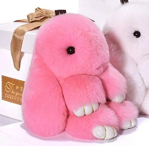 Vista 5 de LvBo Llavero con colgante de muñeca de pompón de piel de conejo, Rex, bolso de mano, Rosado
