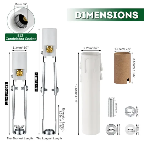 Vista 4 de Candelabro E12 - Enchufe de luz de cerámica ajustable de longitud para iluminación de candelabro, portalámparas de candelabro con fundas blancas