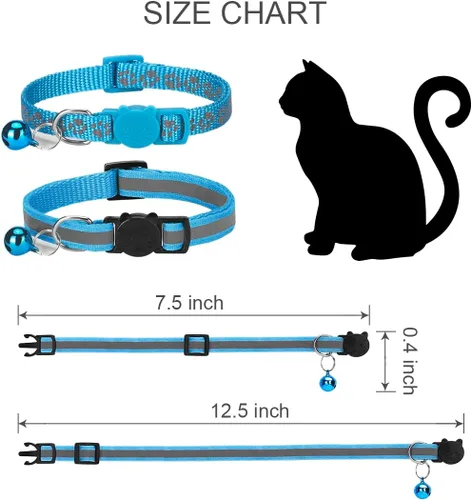 Vista 6 de Paquete de 2 collares reflectantes para gatos con campanas de 7 a 12 pulgadas, color azul Reflective, breakaway buckle, bells included, 7-12 inch