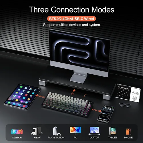 Vista 3 de Gurjot Teclado mecánico inalámbrico, teclado para juegos con junta en un diseño del 75%, Bluetooth2.4GHzUSB-C, intercambiable en caliente, perilla