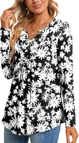 Vista 3 de CATHY Blusa tipo túnica de manga larga para mujer, cuello en V, con botones, informal, plisada, básica