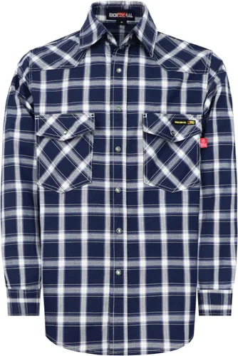 Vista 22 de BOCOMAL Men's FR Shirts 7.5oz Flame Resistant Welding Shirt NFPA2112 CAT2 Cuadros azul marino/blanco
