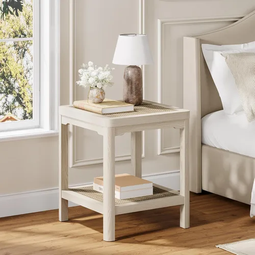 Vista 20 de Eclatara Mesitas de noche de ratán, mesa auxiliar de 2 niveles para dormitorio, mesa auxiliar de polígono decorativa para espacios pequeños, mesa