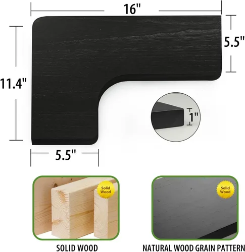 Vista 3 de SAUMONIERES Estantes flotantes de esquina de madera maciza para dormitorio, baño, cocina, almacenamiento, juego de 3, negro, soportes invisibles