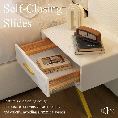 Vista 4 de DEINPPA Base de cama Queen de lujo con luces LED doradas integradas y mesitas de noche, cama de plataforma tamaño Queen con cabecera tapizada