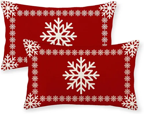 Vista 48 de Juego de 2 fundas de almohada navideñas de 16 x 16 pulgadas, fundas de almohada de lino color rojo con diseño de alces y ciervos de invierno