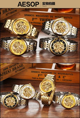 Vista 9 de Gosasa Reloj de oro mecánico impermeable con esfera tallada de lujo para hombre