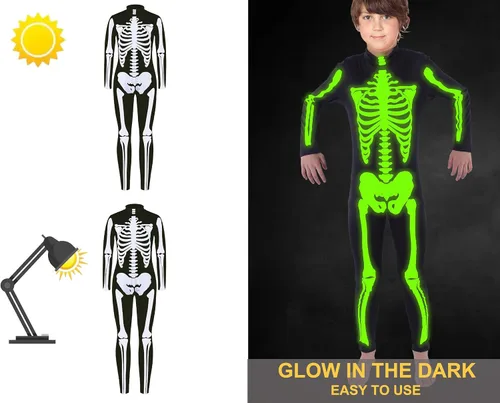 Vista 4 de TCHH - Disfraz de esqueleto de Halloween para niños y niñas, estampado 3D, talla 7 a 14 años