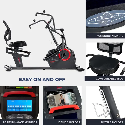 Vista 6 de Sunny Health & Fitness Elite Bicicleta reclinada de entrenamiento cruzado y máquina elíptica con ejercitadores de brazos para entrenamiento