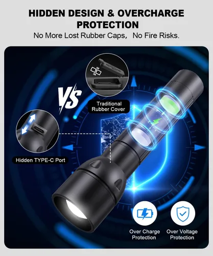 Vista 3 de Linterna recargable USB C de alto lúmenes, 800L, luz de flash súper brillante con 12 horas de larga vida, 5 modos, zoomable, impermeable, potentes