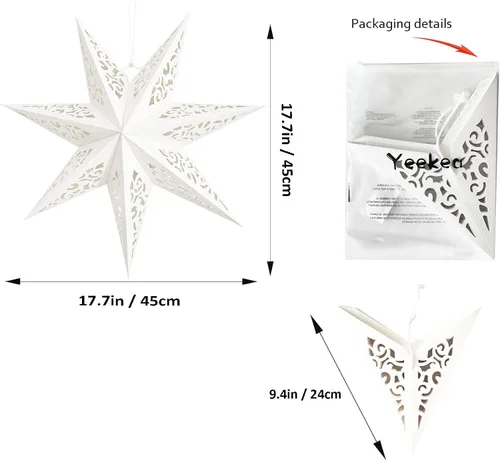 Vista 4 de Lámpara de estrella de papel hueca con diseño de estrella colgante para decoración de bodas, Navidad, festividades, cumpleaños, celebración (Blanco)