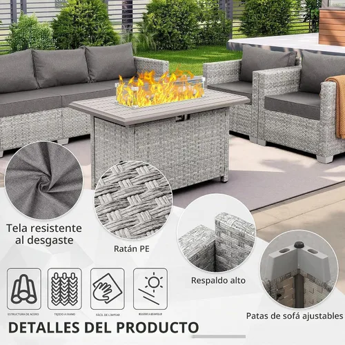 Vista 5 de WAROOM Juego de muebles de patio de 7 piezas de mimbre gris para exteriores, sofá seccional de ratán de polietileno con mesa para fogata de propano
