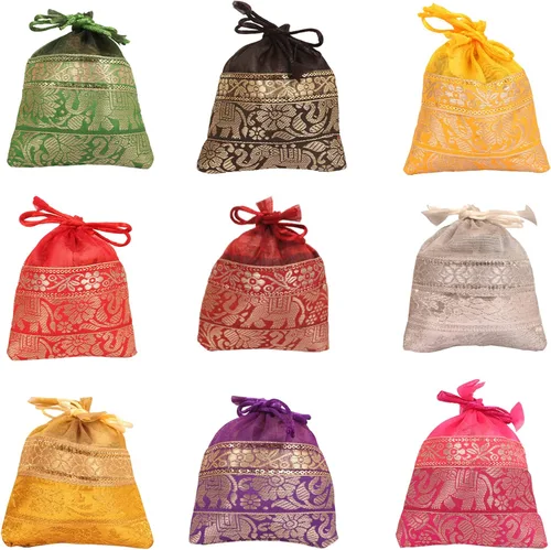 Vista 12 de Touchstone Bolsas de cordón tradicionales indias hechas a mano en tejido brocado con patrón de hojas de ficus. Perfecto para regalos, joyas, bodas