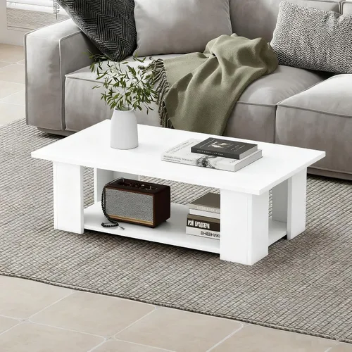 Vista 11 de Giantex Mesa central rectangular de madera, mesa de té moderna grande de 41 pulgadas y 2 niveles con compartimento abierto, fácil montaje, mesa