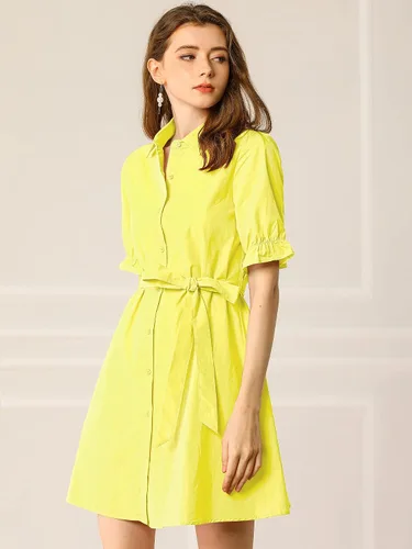 Vista 3 de Allegra K Women's 2023 Summer Ruffled Short Sleeve Cotton Solid Color Belted Button Down Shirt Dress
