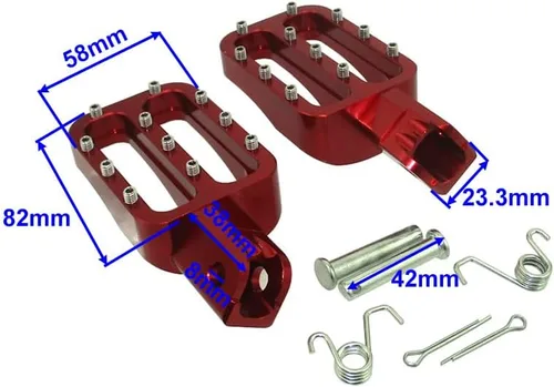 Vista 2 de Estriberas de aluminio CNC rojo para bicicleta de cross de fabricación china, 50 cc, 70 cc, 90 cc, 110 cc, 125 cc, 140 cc, 150 cc, 160 cc