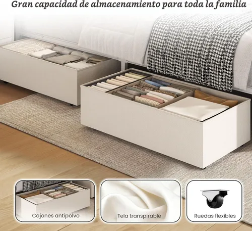 Vista 5 de Fluest Base de cama Queen con cabecero, cajones de almacenamiento, estación de carga rápida, luces LED, marco de cama tamaño Queen con cajones