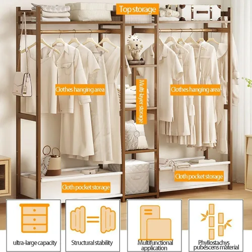 Vista 7 de Perchero de bambú con 5 estantes de almacenamiento para vestidos, zapatos y sombreros, carga máxima de 220.5 lbs, ideal para dormitorio