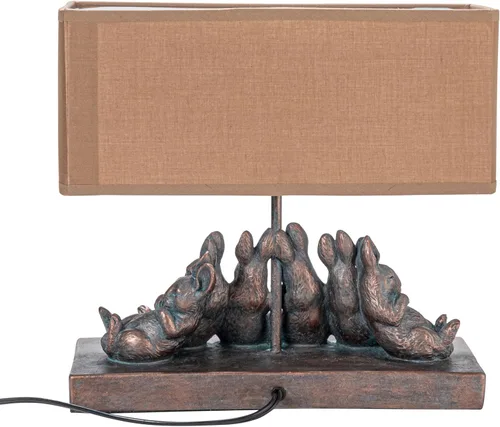 Vista 7 de Creative Co-Op lámpara de mesa de resina con forma de conejo con pantalla rectangular de lino, acabado en bronce