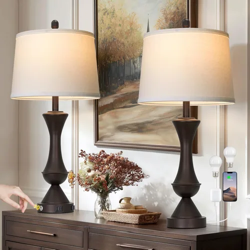 Vista 8 de Lámparas de mesa costeras de 28 pulgadas para sala de estar, lámparas de noche con luz nocturna, puertos USB A+C, moderna concha de mar