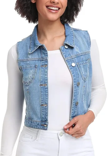 Vista 2 de Xeoxarel Chaleco de mezclilla para mujer, chaqueta de mezclilla sin mangas (XS-XXL)