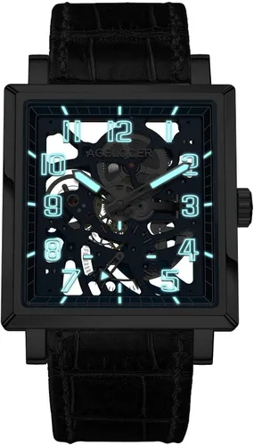 Vista 2 de AGELOCER Men's Double-Sided Hollow Black Steel Dual Time with Luminous Analog Square Seconds Dial Watch