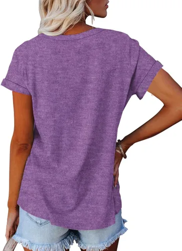 Vista 2 de APOFER Women's Casual Short Sleeve T-Shirts Crew Neck Tunic Basic Summer Tops Henry Shirt