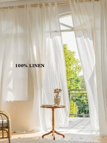 Vista 31 de Cortinas semitransparentes de 100 % lino para sala de estar, juego de cortinas largas plisadas de estilo bohemio neutro para decoración de casa