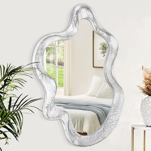 Vista 14 de Espejo asimétrico para decoración de pared, grande, moderno, ondulado, con marco de madera, espejo de pared con forma única montado en pared
