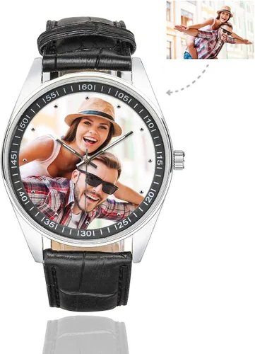 Vista 2 de Reloj de encargo de la foto del par de los relojes ocasionales de la correa de cuero negro para los hombressu noviomarido
