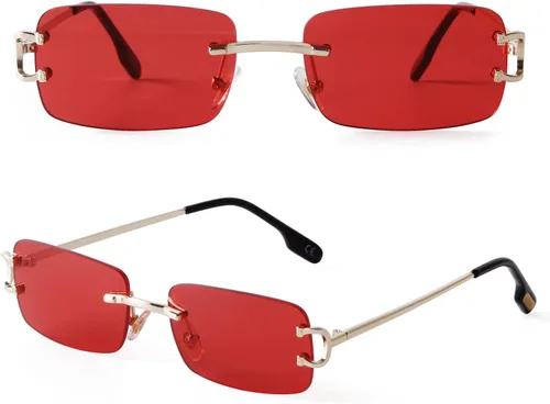 Vista 10 de Rimless Sunglasses for Men Women Small Narrow Rectangle Sunglasses 2 piezas: azul degradado+marrón degradado