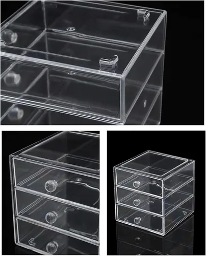 Vista 5 de AJIODA Caja organizadora de cajones de maquillaje con 3 cajones, vitrina de acrílico para cosméticos, organizador de tocador, caja de almacenamiento